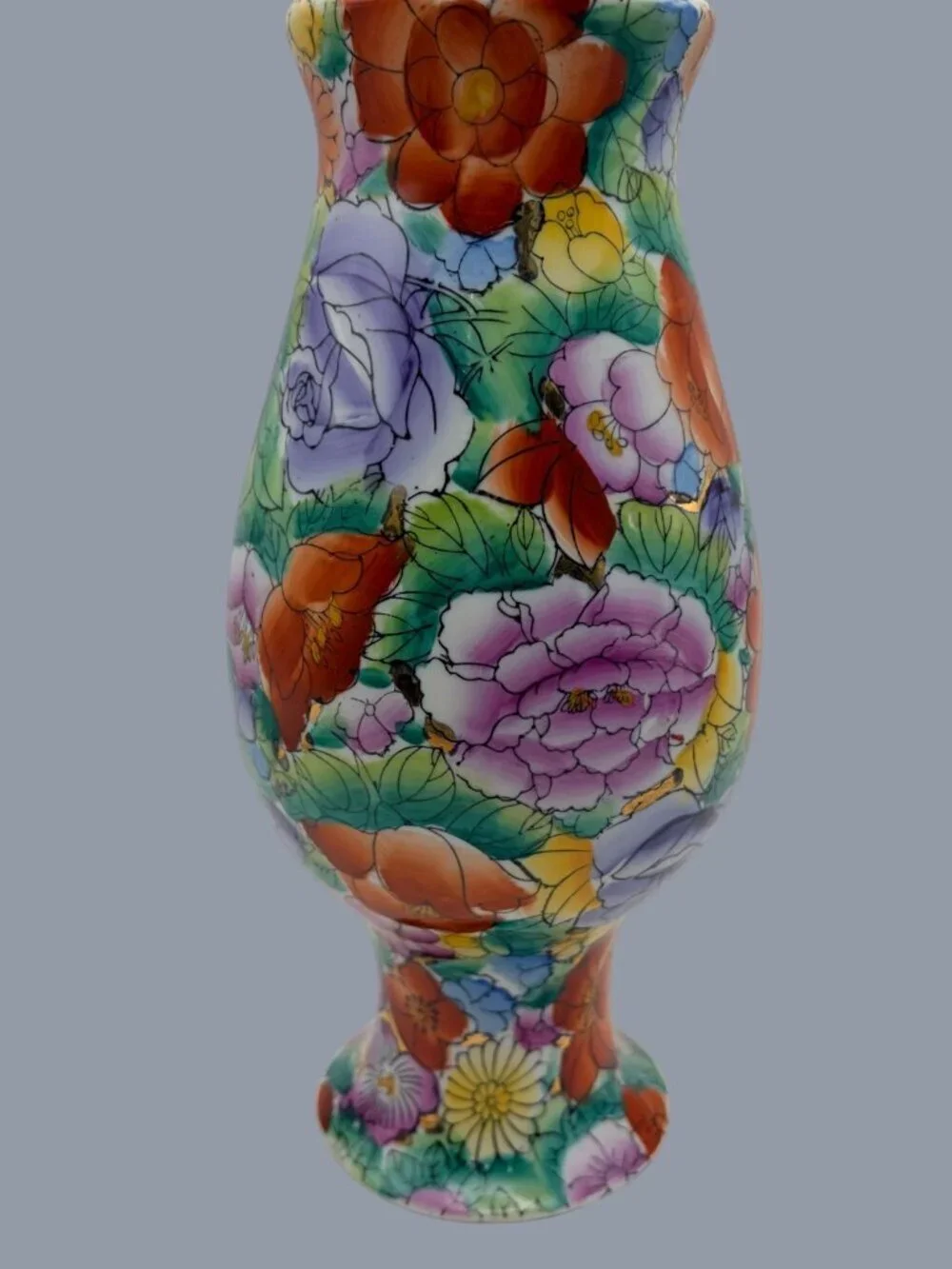 VTG Chinese Mille Fleur Rose Floral Porcelain Vase Hand Painted Gold Accents